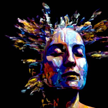 Etkileyici bir kadın portresi. Hayattaki ve sanattaki yaratıcı enerji için dijital boya darbelerinden oluşan soyut tasarım