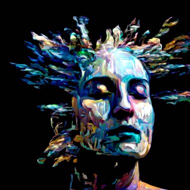 Etkileyici bir kadın portresi. Hayattaki ve sanattaki yaratıcı enerji projelerinde kullanılmak üzere dijital boya darbelerinin arkaplanı