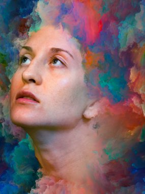 Dünya serisi. Duygular, duygular, iç dünya, yaratıcılık ve hayal gücü üzerine projelerle birleştirilmiş kadın portresinin soyut arkaplanı.