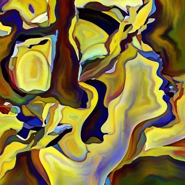 Parçalanmış Self serisi. İnsan yüz hatları ve insan ilişkileri, zihin, psikoloji, iç dünya, yaratıcılık, zihinsel hastalık ve sanat konularındaki organik renk kalıpları.