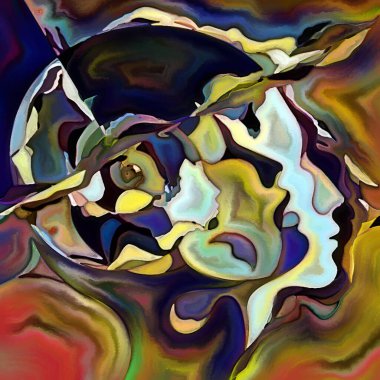 Parçalanmış Self serisi. İnsan yüzü ana hatları ve insan ilişkileri, zihin, psikoloji, iç dünya, yaratıcılık, zihinsel hastalık ve sanat konularındaki soyut şablon kompozisyonu.