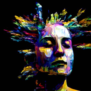 Etkileyici bir kadın portresi. Dijital boya darbelerinin bileşimi hayattaki yaratıcı enerji ve sanatla ilişkili.