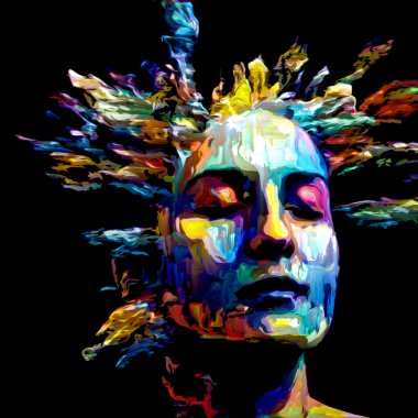 Etkileyici bir kadın portresi. Hayattaki ve sanattaki yaratıcı enerji projelerinde kullanılmak üzere dijital boya darbelerinin arkaplanı