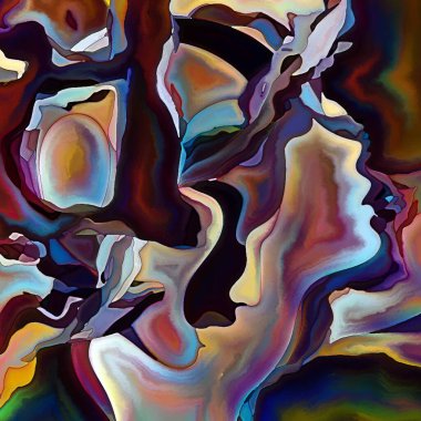 Parçalanmış Self serisi. İnsan yüzü ana hatları ve insan ilişkileri, zihin, psikoloji, iç dünya, yaratıcılık, zihinsel hastalık ve sanat konuları üzerine boyanmış desen kompozisyonu.