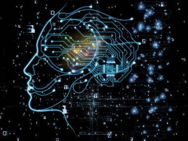 İşlemci Akıl serisi. Bilgisayar bilimi, yapay zeka ve iletişim konularındaki insan yüzü silueti ve teknoloji sembollerinin bileşimi