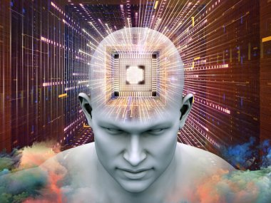 Zihin İşlemcisi serisi. Yapay zeka, akıl, kitle iletişim araçları ve modern teknoloji konusuna bakış açısıyla insan kafasının 3 boyutlu çizimi