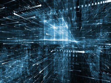 Sanal uzay serisi. Bilgi teknolojisi, bilgisayar ve iletişim konusunda perspektifte okları sembollerle yarı saydam 3B yapısının düzenleme