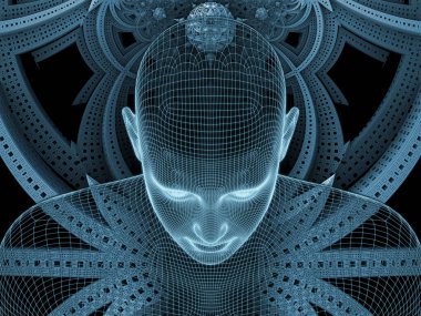 Radyasyon zihin serisi. İnsan beyni, yapay zeka ve sanal gerçeklik projeleri için zemin olarak insan kafasının ve fraktal desenlerin 3 boyutlu yapılandırılması