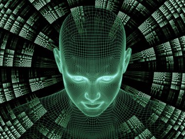 Radyasyon zihin serisi. İnsan zihni, yapay zeka ve sanal gerçeklik üzerinde insan kafası ve fraktal modelinin 3 boyutlu yansıması