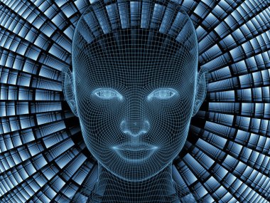 Radyasyon zihin serisi. İnsan zihni, yapay zeka ve sanal gerçeklikle ilgili projelerde zemin görevi görmesi için insan kafasının ve fraktal desenlerin 3 boyutlu kablo örgüsü modelinin oluşturulması