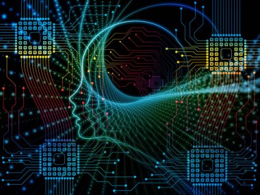 CPU zihin serisi. İnsan yüzü siluet ve teknoloji sembolleri yaratıcı düzenleme bilgisayar bilimi, yapay zeka ve iletişim konuda kavramı mecaz olarak