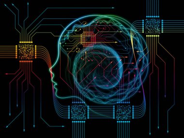 CPU zihin serisi. Bilgisayar bilimi, yapay zeka ve iletişim konusunda insan yüzü siluet ve teknoloji sembollerin sanatsal soyutlama oluşur