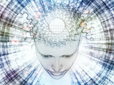 3D render - zihin alan serisi. Tel kafes insan modeli ve fraktal patters yapay zeka, bilim ve teknoloji konusunda başkanı fon