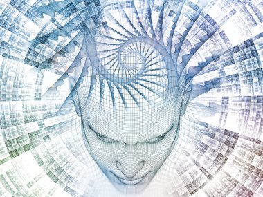 3D render - zihin alan serisi. Tel kafes insan modeli ve fraktal patters yapay zeka, bilim ve teknoloji konusunda başkanı düzenlenmesi