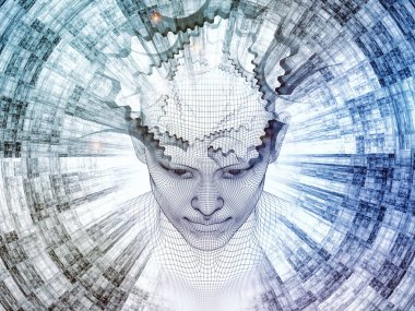 3D render - zihin alan serisi. Arka plan tasarım başkanı tel kafes yapay zeka, bilim ve teknoloji konusunda insan modeli ve fraktal patters