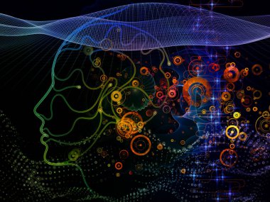 Dijital zihin serisi. İnsan yüzü ve teknoloji sembol siluet yaratıcı düzenleme, bilgisayar bilimi, yapay zeka ve iletişim için