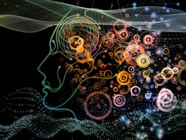 Dijital Zihin serisi. Bilgisayar bilimi, yapay zeka ve iletişim konularındaki insan yüzü ve teknoloji sembollerinin arka plan kompozisyonu