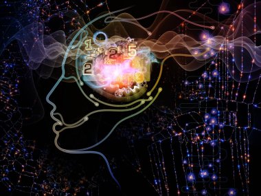 Dijital Zihin serisi. Bilgisayar bilimi, yapay zeka ve iletişim konularındaki insan yüzü ve teknoloji sembollerinden oluşan sanatsal soyutlama