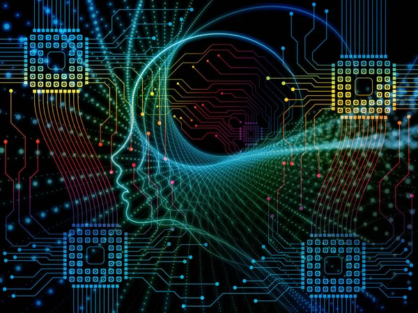 CPU zihin serisi. İnsan yüzü siluet ve teknoloji sembolleri yaratıcı düzenleme bilgisayar bilimi, yapay zeka ve iletişim konuda kavramı mecaz olarak