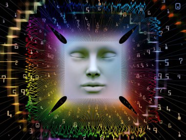 Yapay zeka serisi. İnsan yüzü ve bilgisayar öğeleri süper insan AI, bilgisayar bilinç ve teknoloji konusunda 3d çizimi sanatsal soyutlama oluşan