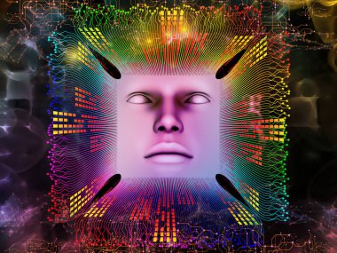 Yapay Zeka serisi. Süper insan yapay zekası, bilgisayar bilinci ve teknolojisi üzerine bir metafor olarak insan yüzü ve bilgisayar elementlerinin 3 boyutlu çiziminden oluşan tasarım