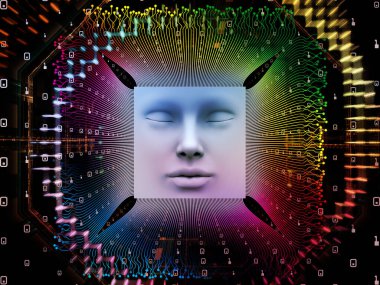 Yapay Zeka serisi. Süper insan yapay zekası, bilgisayar bilinci ve teknolojisi üzerine bir metafor olarak insan yüzü ve bilgisayar elementlerinin 3 boyutlu çiziminden oluşan tasarım