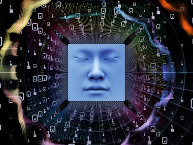 Yapay Zeka serisi. Süper insan yapay zekası, bilgisayar bilinci ve teknolojisi konularında insan yüzü ve bilgisayar elementlerinin 3 boyutlu etkileşimi