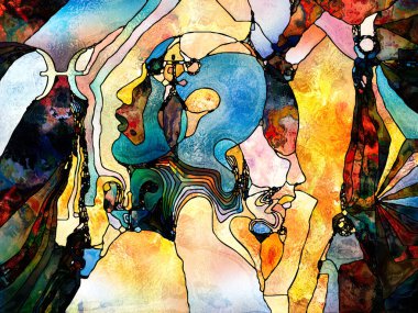 Lekeli Glass Forever serisi. Mistik bilgi, yaratıcılık ve hayal gücü konularında insan profillerinin, kutsal sembollerin ve renk kalıplarının yaratıcı düzenlenmesi