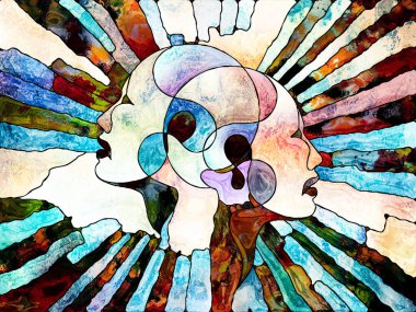 Lekeli Glass Forever serisi. Tasarım, yaratıcılık ve hayal gücü projeleri için uygun insan profillerinin, sembollerin ve renk kalıplarının soyut düzenlenmesi