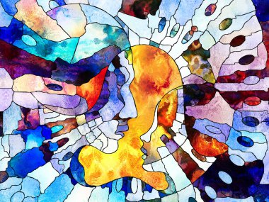 Vitray sonsuza dek serisi. Yetişkin ve çocuk profilleri bölünmüş ve mozaik gerçeklik eğitim, ebeveynlik ve birlik yaşam konusunda birleşti.