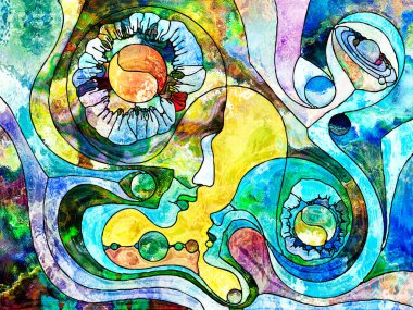 Lekeli Glass Forever serisi. Yetişkin ve çocuk profilleri ve bilgi, eğitim ve sezgi konularında organik kalıplarla çizilmiş yayılan çemberler.