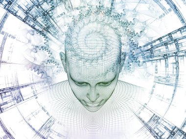 3D render - zihin alan serisi. Arka plan tasarım başkanı tel kafes yapay zeka, bilim ve teknoloji konusunda insan modeli ve fraktal patters