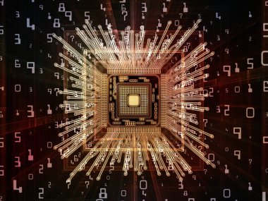Makine serisi hesaplanıyor. Konu bilgisayar bilimi, dijital dünya, sanal gerçeklik ve modern teknoloji perspektifinde fraktal ortama sahip üç boyutlu CPU çizimi