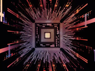 Bilgi işlem makinesi serisi. Cpu bilgisayar bilimi, dijital dünyada, sanal gerçeklik ve modern teknoloji konusunda bir metafor olarak 3D resimde perspektif fraktal ortamında ile