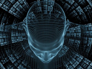 Radyasyon zihin serisi. İnsan zihni, yapay zeka ve sanal gerçeklik üzerinde insan kafası ve fraktal modelinin 3 boyutlu yansıması