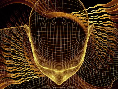 Radyasyon zihin serisi. İnsan zihni, yapay zeka ve sanal gerçeklik üzerine projeler için insan kafası ve fraktal şablonun 3 boyutlu yorumlanması