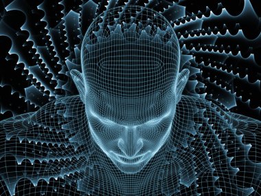 Zihin serisi yayılıyor. insan aklının, yapay zeka ve sanal gerçeklik insan kafası ve fraktal desen için çelik hasır modeli 3D render çalışır