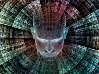 Radyasyon zihin serisi. İnsan zihni, yapay zeka ve sanal gerçeklik üzerinde insan kafası ve fraktal modelinin 3 boyutlu yansıması