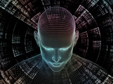 Zihin serisi yayılıyor. insan zihni, yapay zeka ve sanal gerçeklik konusunda insan baş ve fraktal deseninin Çelik hasır modelinin 3D render tasarım