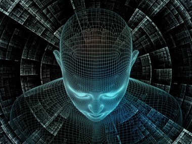 Zihin serisi yayılıyor. insan zihni, yapay zeka ve sanal gerçeklik konusunda insan baş ve fraktal deseninin Çelik hasır modeli 3D render tasarım yapılmış