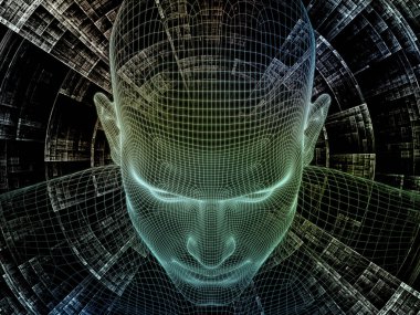 Zihin serisi yayılıyor. insan zihni, yapay zeka ve sanal gerçeklik konusunda insan baş ve fraktal deseninin Çelik hasır modeli 3D render tasarım yapılmış