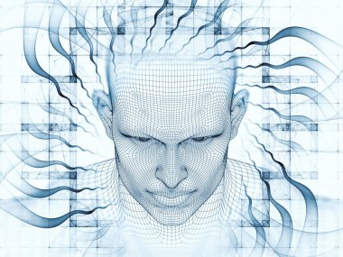 3D render - zihin alan serisi. Tel kafes insan modeli ve fraktal patters yapay zeka, bilim ve teknoloji projeleri için fon olarak uygun başkanı aranjman