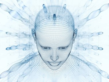 3D render - zihin alan serisi. Tel kafes insan modeli ve fraktal patters yapay zeka, bilim ve teknoloji konusunda başkanı arka plan kompozisyonu