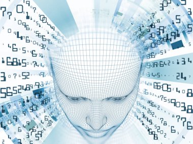 3D Renderleme Zihin Sahası serisi. Tel örgüsü insan modeli ve yapay zeka, bilim ve teknoloji üzerine fraktal paternlerin etkileşimi