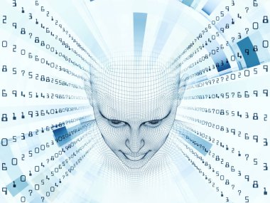 3D render - zihin alan serisi. Yapay zeka, bilim ve teknoloji konusu için tel kafes insan modeli ve fraktal patters başkanı yaratıcı düzenleme