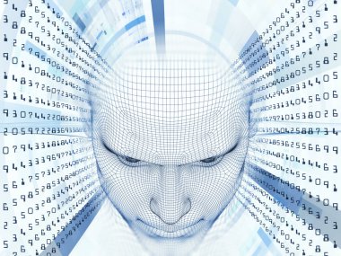 3D render - zihin alan serisi. Görsel açıdan hoş tel kafes insan modeli ve fraktal patters inşaat üstünde yapay zeka, bilim ve teknoloji için başkanı bileşimi