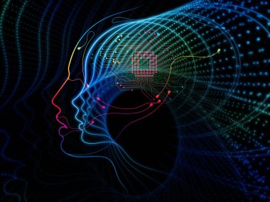 CPU zihin serisi. İnsan yüzü siluet ve teknoloji sembolleri bir fon olarak bilgisayar bilimi, yapay zeka ve iletişim projeler için uygun bileşimi