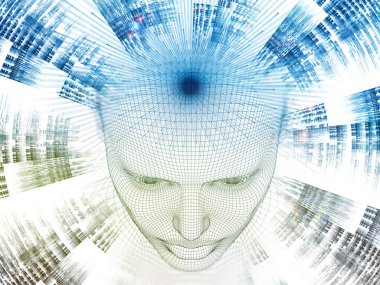 3D render - zihin alan serisi. Arka plan tel kafes insan modeli başkanı yaptı ve yapay zeka, bilim ve teknoloji projelerde kullanılmak üzere fraktal patters