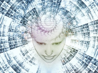 3D render - zihin alan serisi. Tel kafes insan modeli ve fraktal patters başkanı yaratıcı düzenleme, yapay zeka, bilim ve teknoloji konuda kavramı mecaz olarak