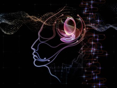 Dijital Zihin serisi. Bilgisayar bilimi, yapay zeka ve iletişim konularındaki insan yüzü ve teknoloji sembollerinin arka plan kompozisyonu